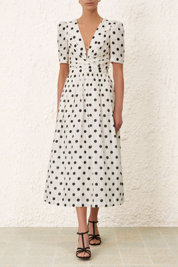 Zimmermann V Neck Midi Dress - Cream/Black Dot