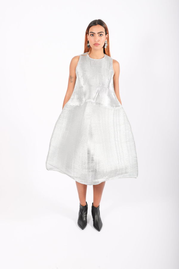 Sleeveless Ripple Dress in Silver by Melitta Baumeister