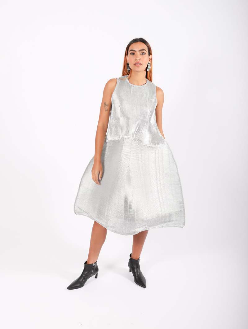 Sleeveless Ripple Dress in Silver by Melitta Baumeister