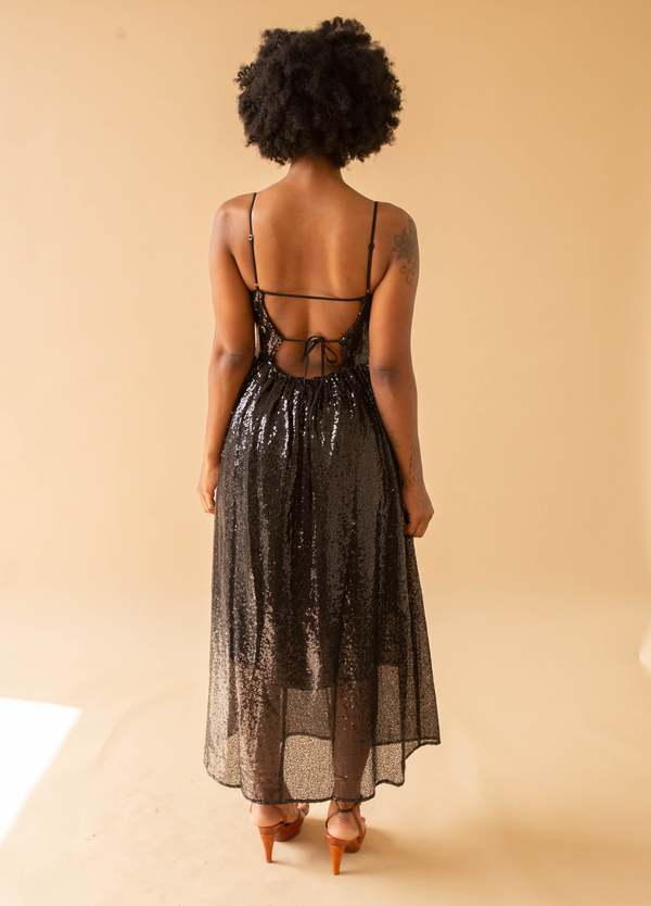 Ali Golden Tie-Back Sequin Maxi Dress - Black Sequin | Garmentory