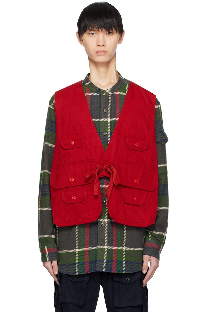 トップス Engineered Garments Fowl Vest, Red M Engineered-Garments-Red-Fowl-