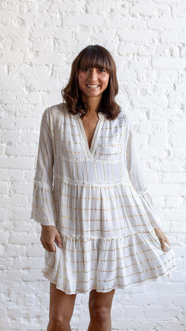 white dress with gold stripes Zimora Gold Buckle Waist Drape Maxi Dress White main image 1