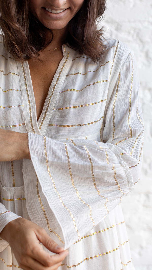 white dress with gold stripes The Handloom Sage Maxi Dress main image 0
