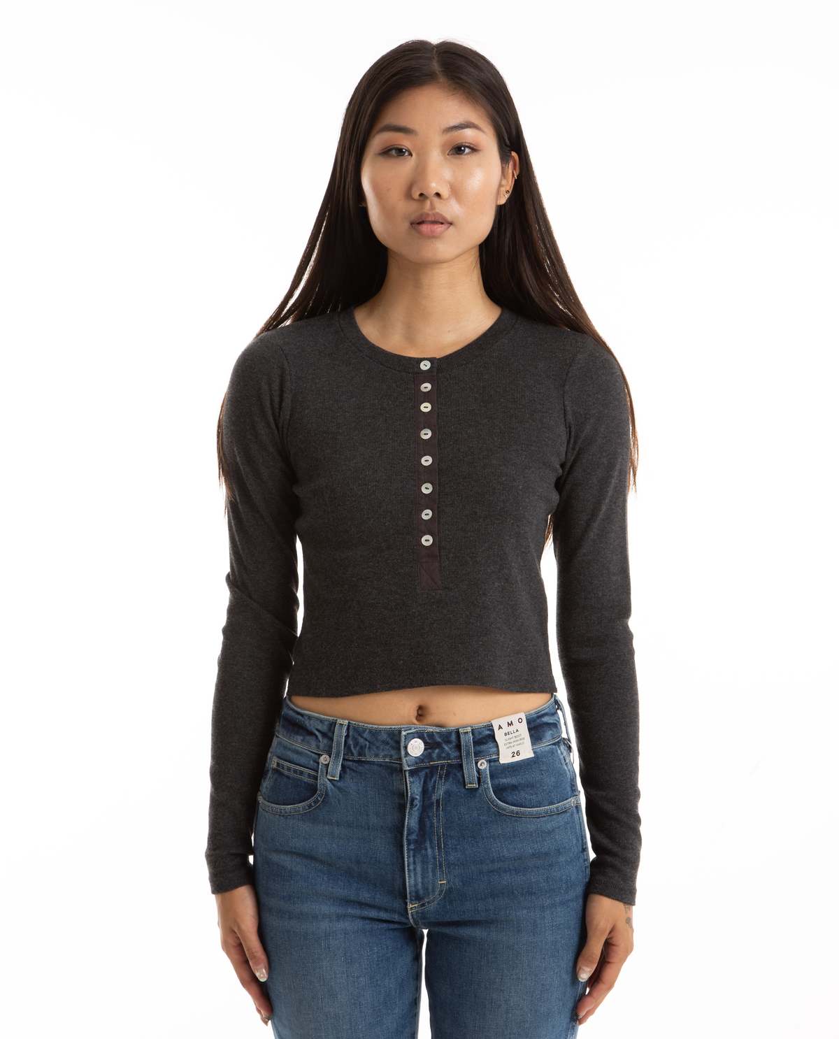 amo denim Sassy Rib Henley top - Black | Garmentory