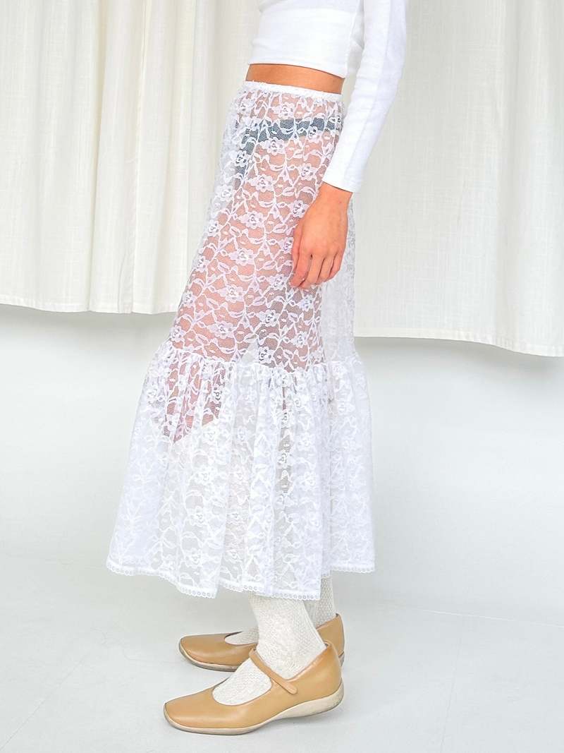 Lace Sheer Midi Skirt - White | Garmentory