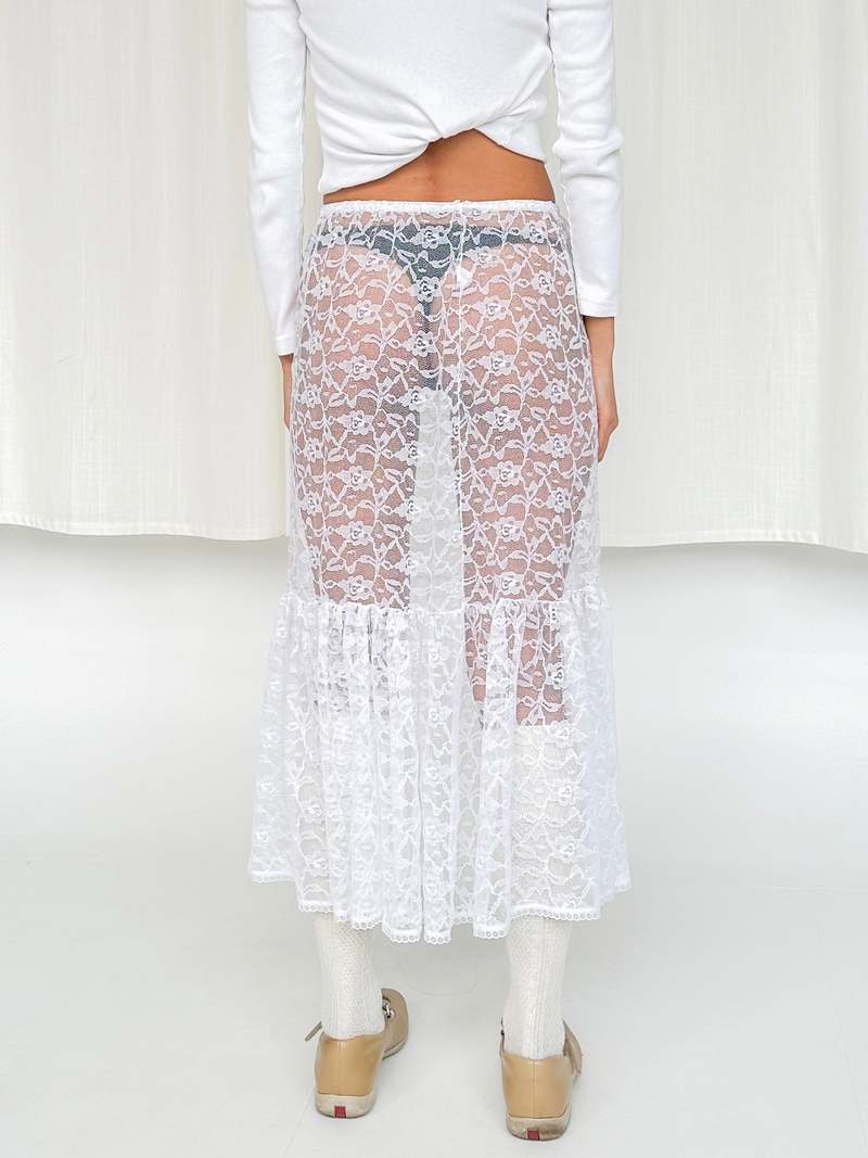 Lace Sheer Midi Skirt - White | Garmentory