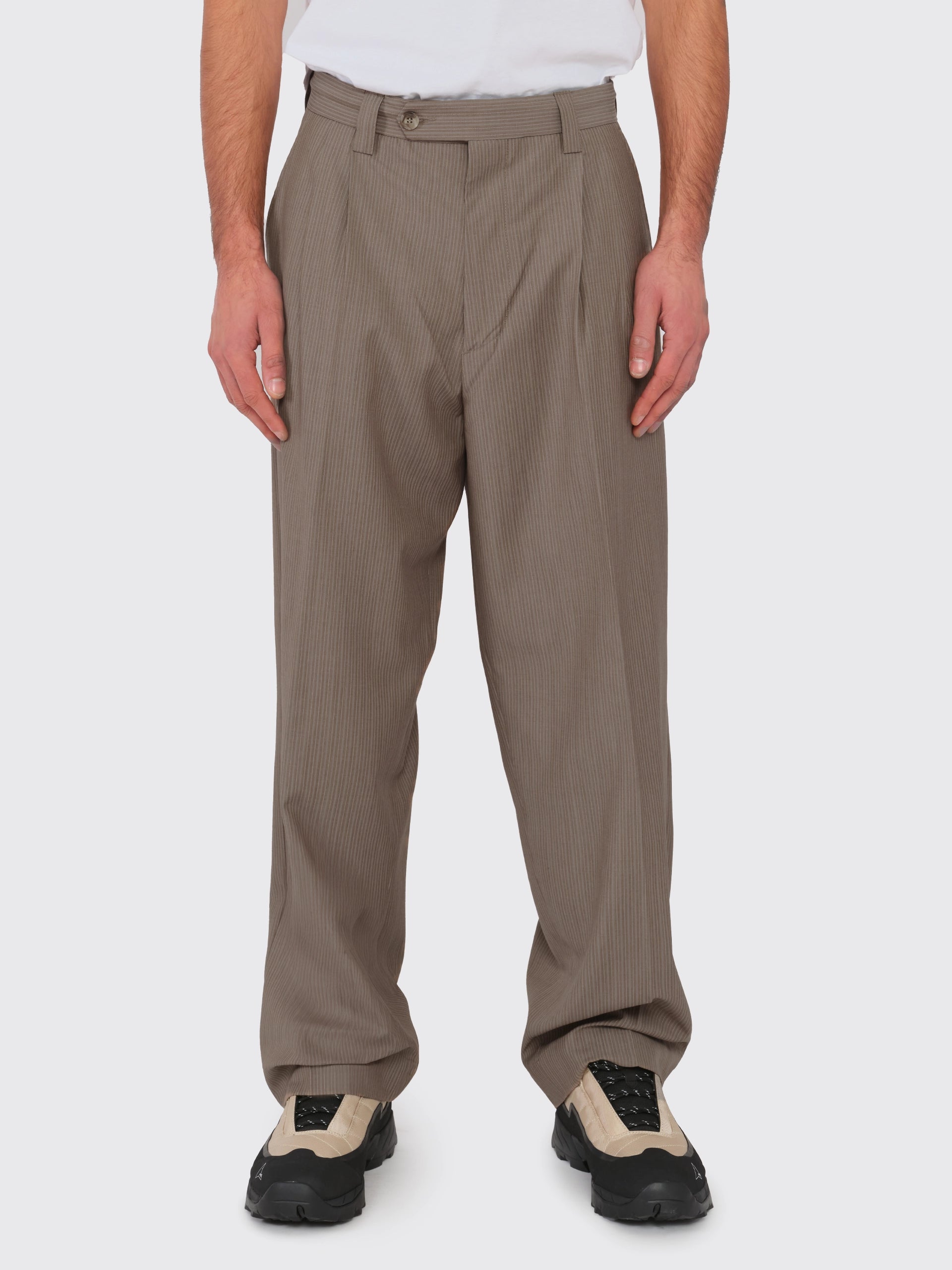 Mfpen Classic 2 Pleat スラックス mfpen Classic Trousers - Taupe/Grey Stripe | Garmentory